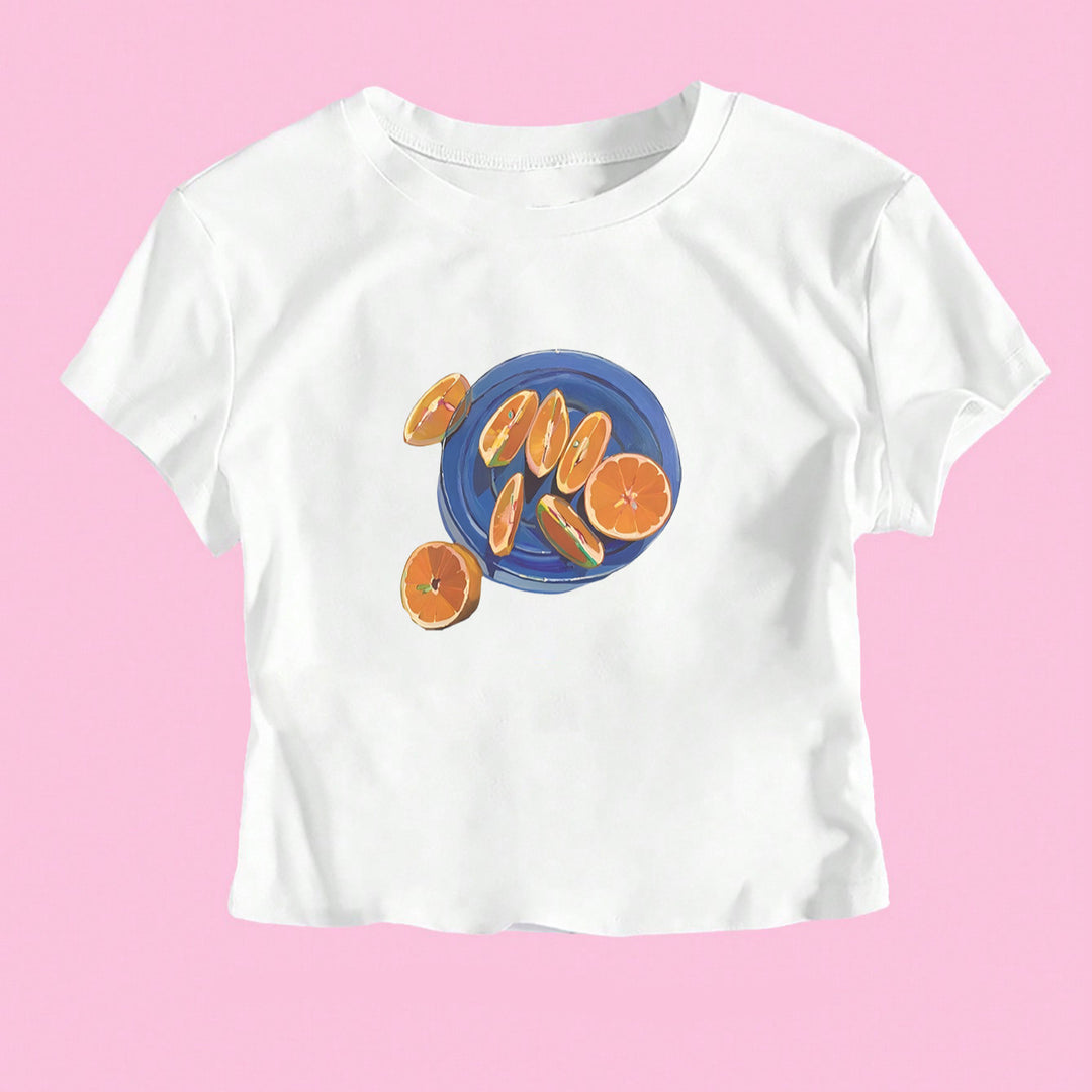 Dame Crop-T-skjorte med fruktig design og avslappet snitt Skjora