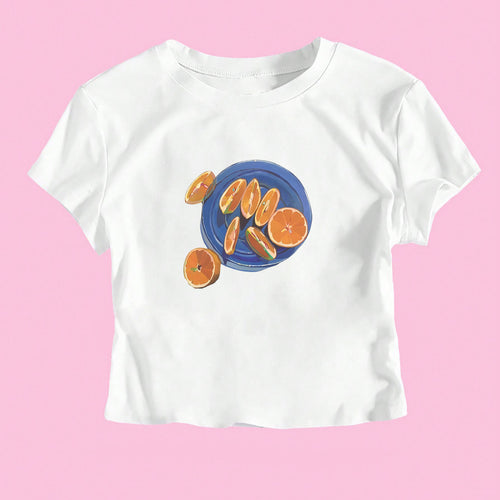 Dame Crop-T-skjorte med fruktig design og avslappet snitt Skjora