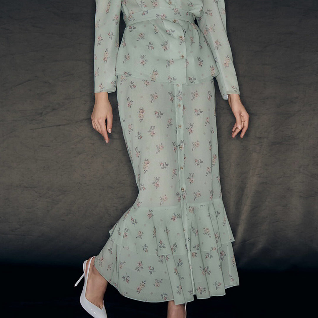 Damer Floral Pattern Maxi Kjole med Puff Ermer Skjora