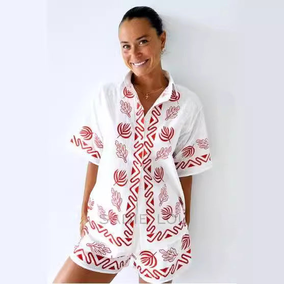 Damen luftig strandoutfit med blomsterbroderi og praktiske lommer Skjora