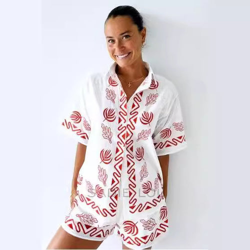 Damen luftig strandoutfit med blomsterbroderi og praktiske lommer Skjora