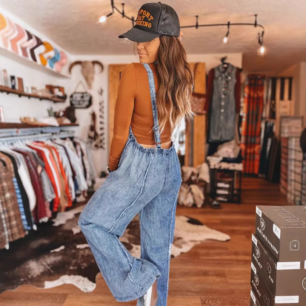 Damer denim overalls med bred ben og praktiske lommer Skjora