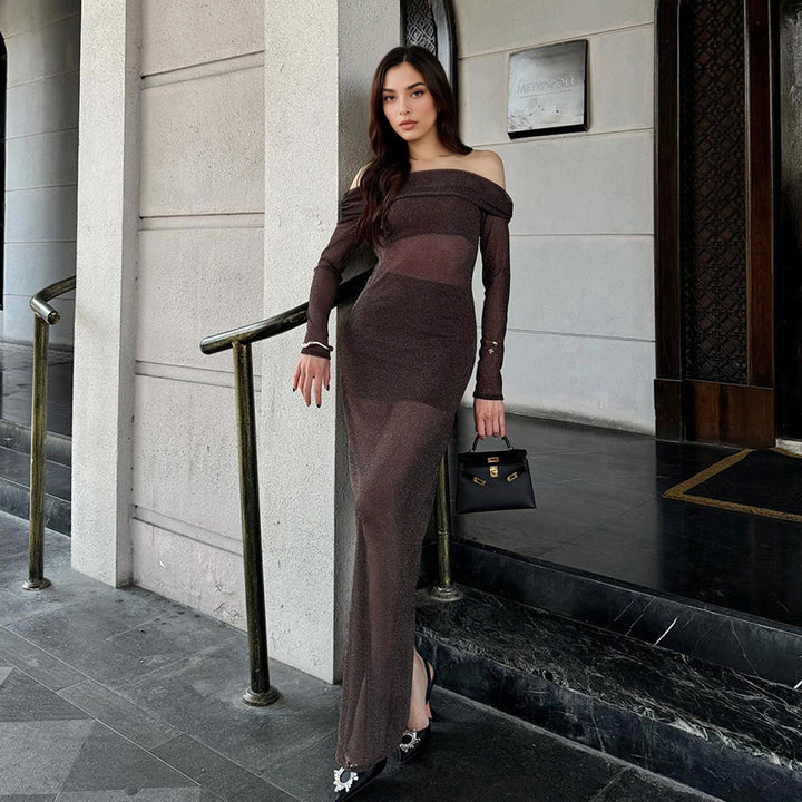 Damer elegant off-shoulder maxikjole med volangdetaljer Skjora