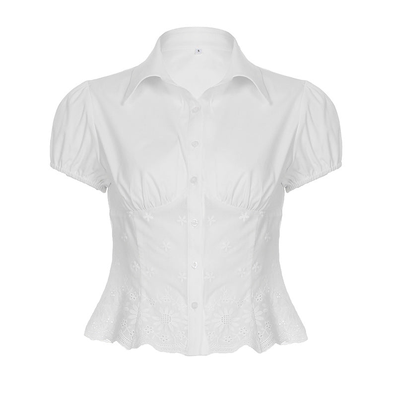 Dame elegant bluse med blomsterbroderi og puffete ermer Skjora