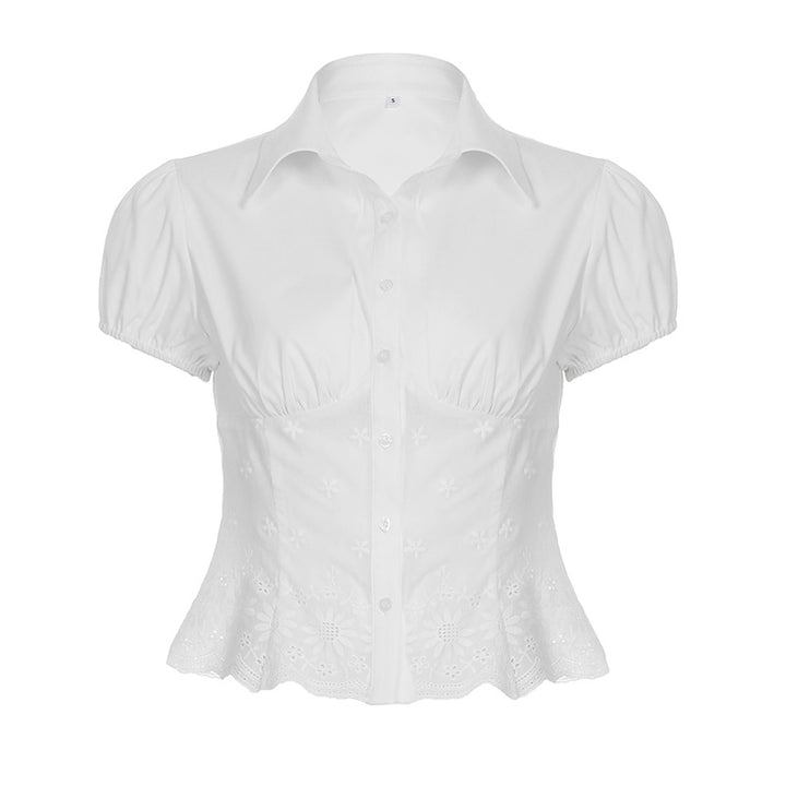 Dame elegant bluse med blomsterbroderi og puffete ermer Skjora