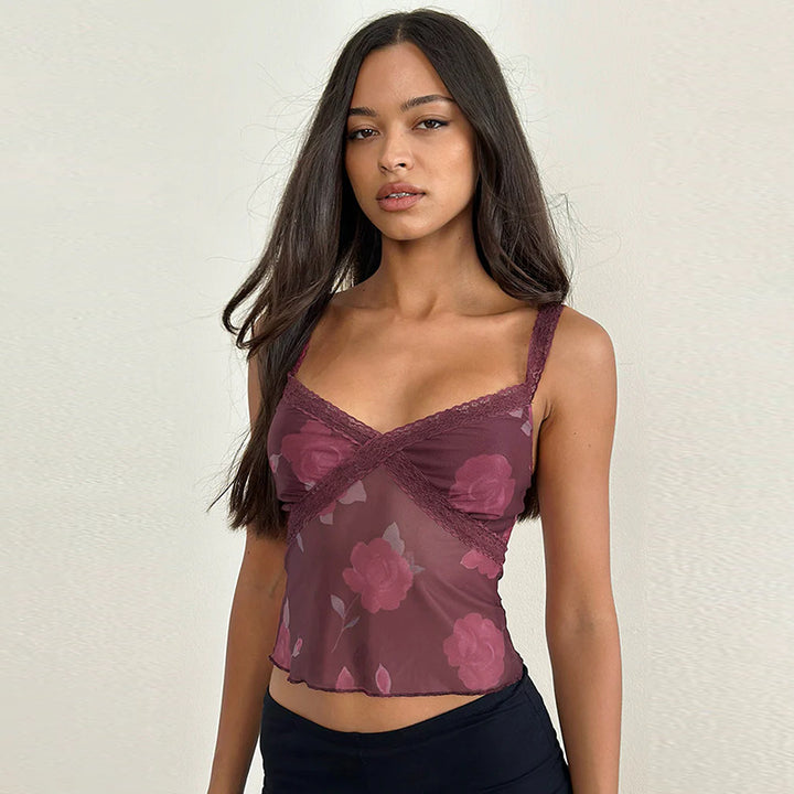 Damebluse med blomsterdesign og delikate spissdetaljer Skjora