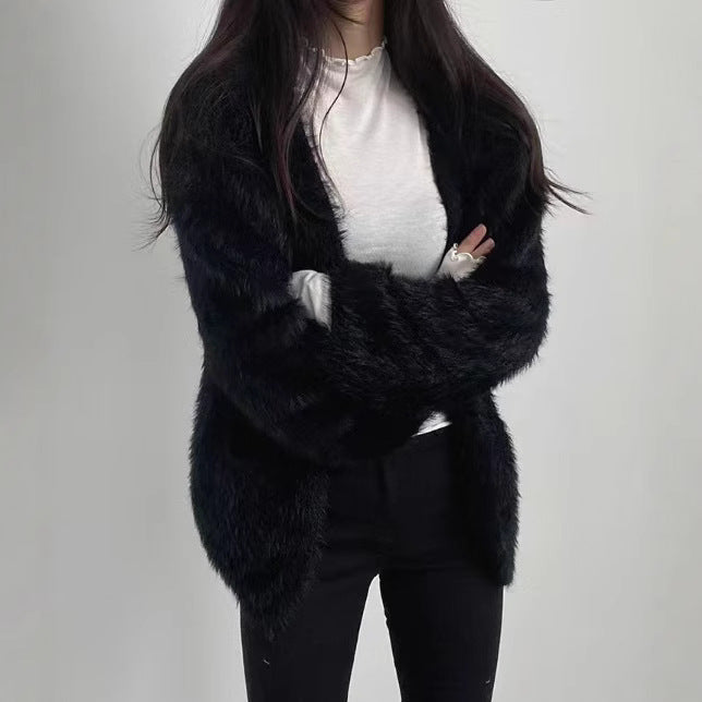 Dame Fluffy Cardigan med Åpne Front og Praktiske Lommer Skjora