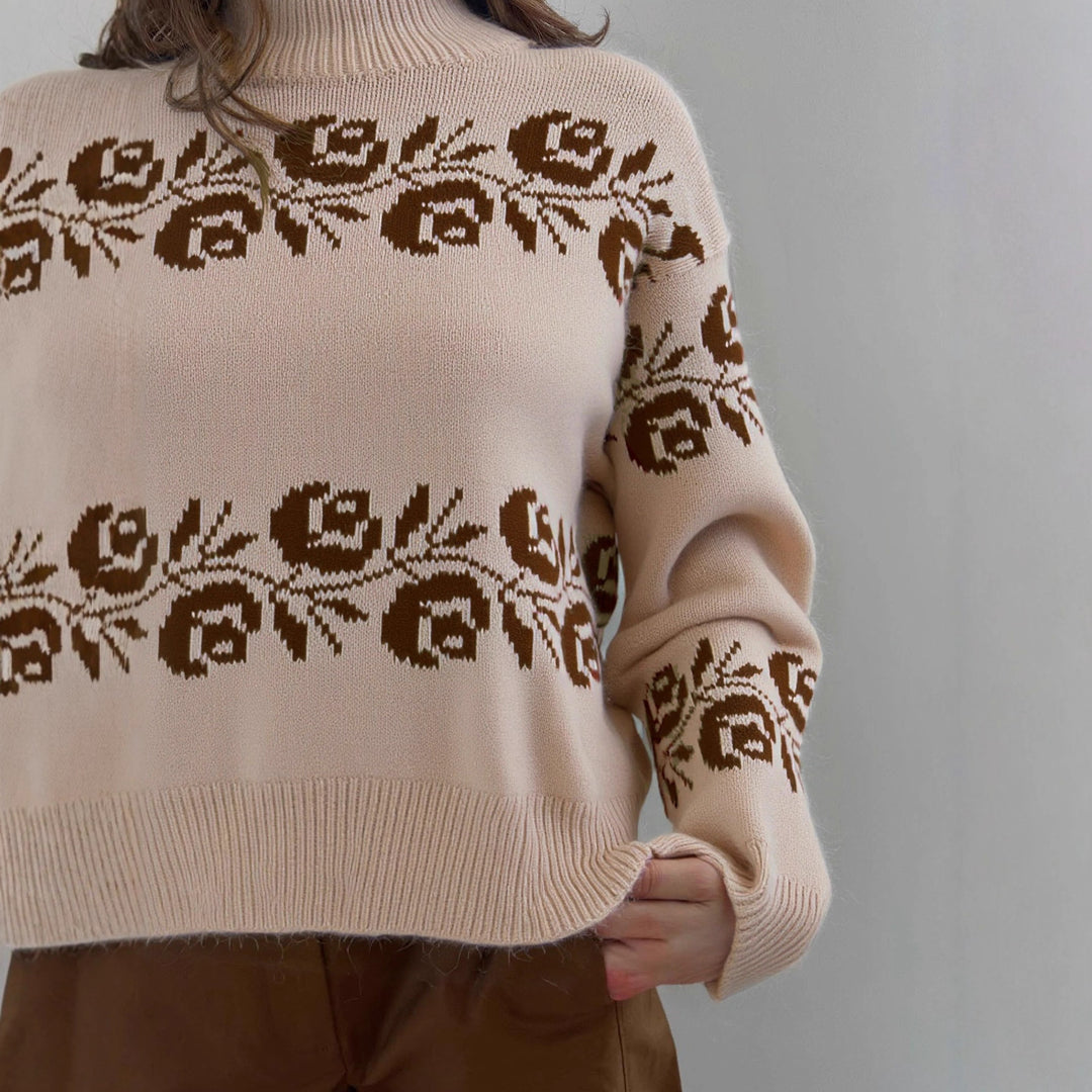 Kvinnens strikkegenser med blomster jacquard mønster og høy krage Skjora