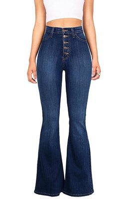 Dame Høytliv Flared Jeans med dekorative knappedetaljer og elastisk midjebånd Skjora