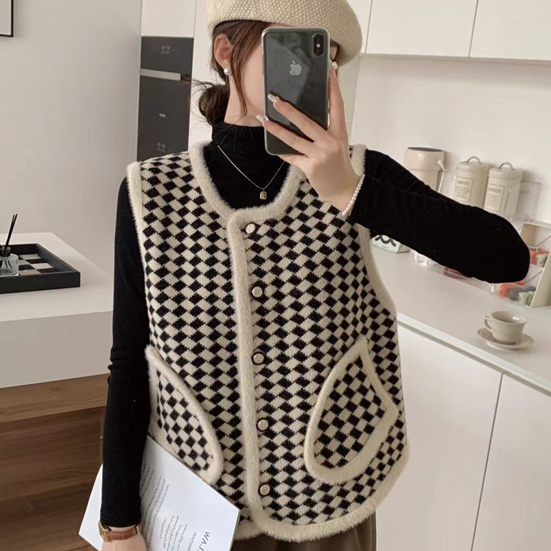 Damer trendy strikket vest med grafisk mønster Skjora