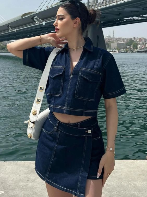 Dame moteriktig denim kort topp og skjørt sett Skjora