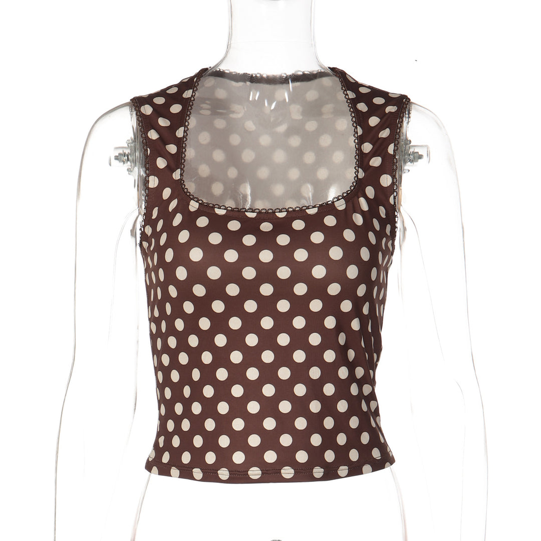 Dame Polka-Prikkede Cropped-Top med firkantet utdragning og elastisk linning Skjora