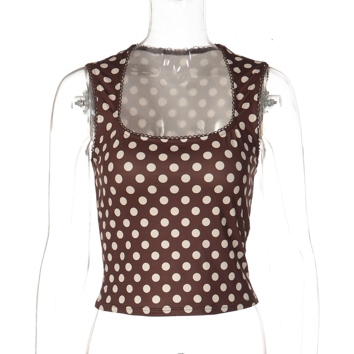 Dame Polka-Prikkede Cropped-Top med firkantet utdragning og elastisk linning Skjora