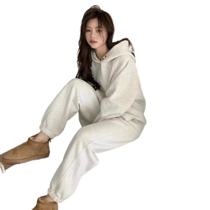 Dames Komfortabel Hoodie Sett med Løs Passform og Dekorative Knapper Skjora