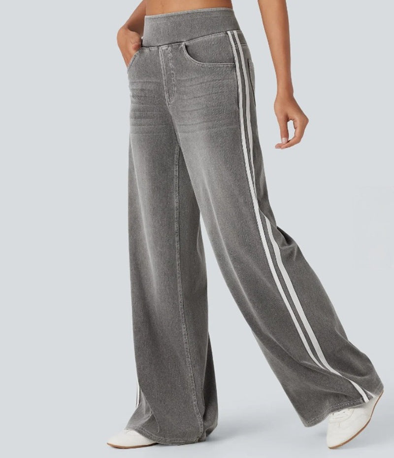 Dame Bred-Snitt Denim Bukser med Sidelinje Skjora