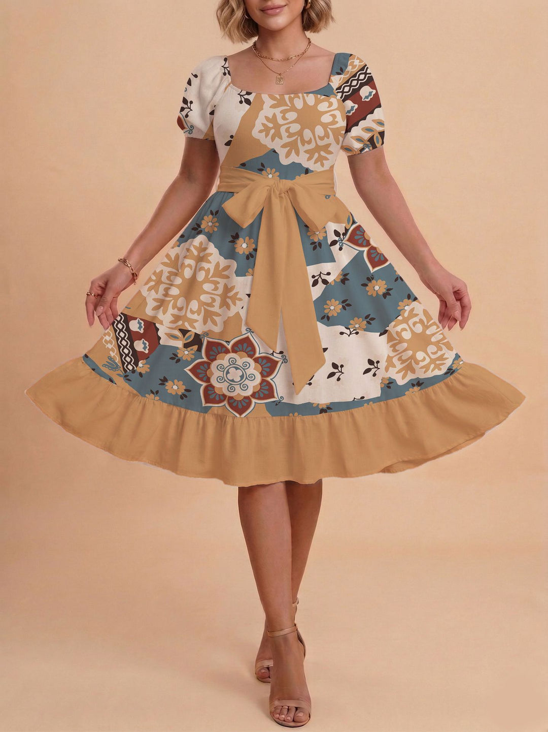 Damen Retro Maxikleid mit Puffärmeln und Taillengürtel Skjora