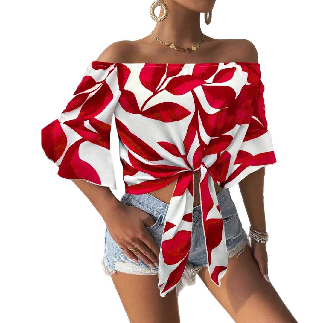 Dame Off-Shoulder Bluse med floralt mønster og justerbar knute Skjora