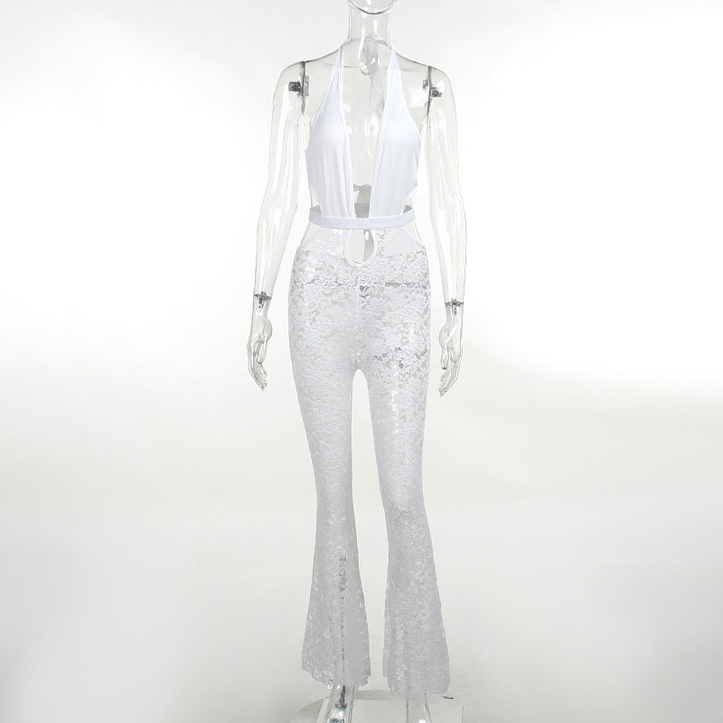 Dame elegant blonder jumpsuit med dyp V-hals og klokke bukser Skjora