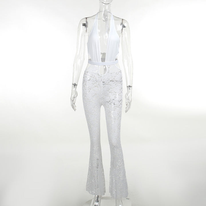 Dame elegant blonder jumpsuit med dyp V-hals og klokke bukser Skjora