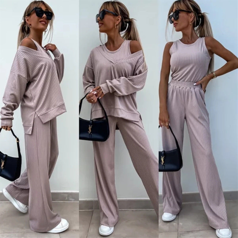 Kvinnenes avslappende ribbet loungewear-sett med åpen skulder og løs passform Skjora
