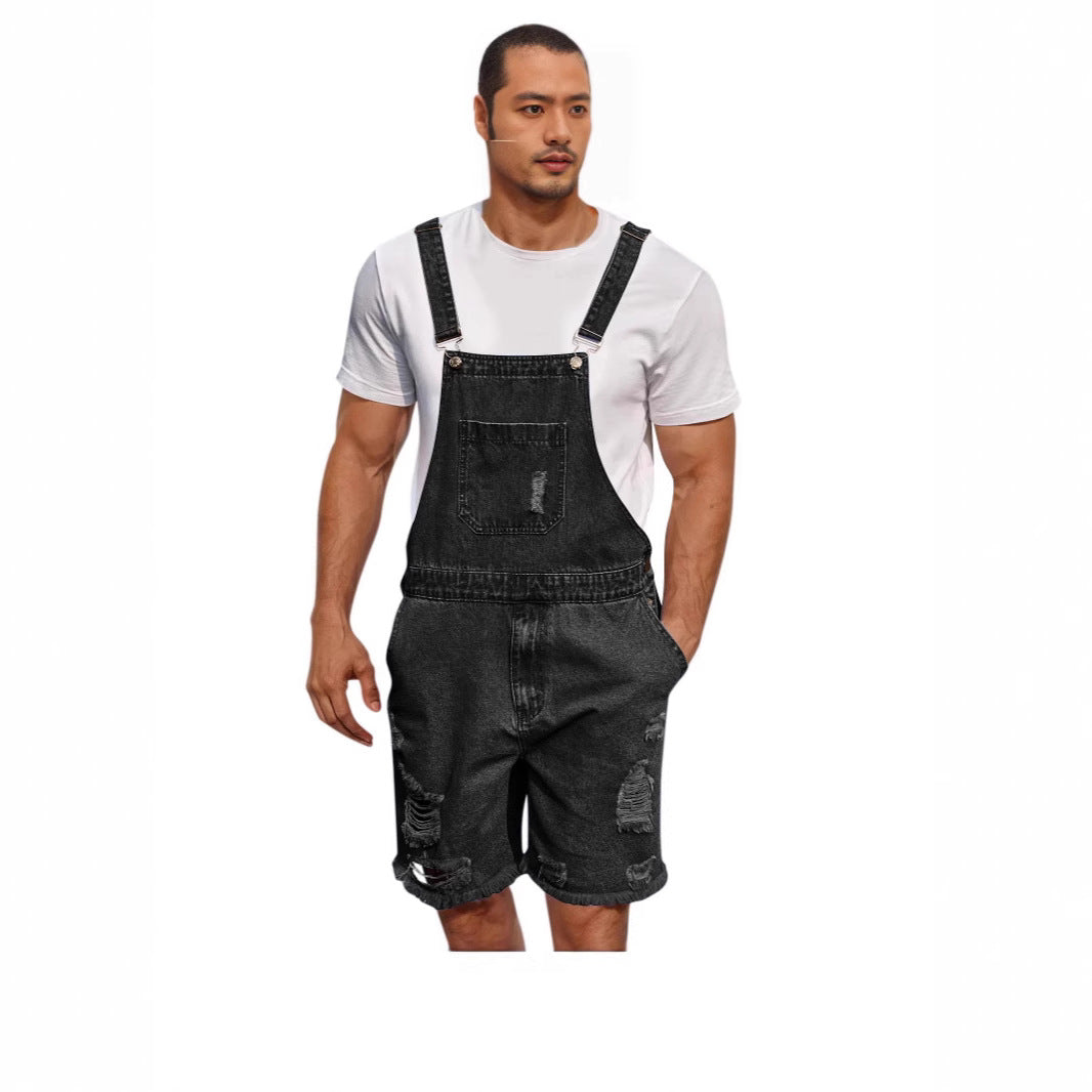 Herre denim-latzshorts i avslappet design med påsydd lommer Skjora