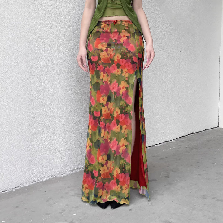Dame Maxi skjørt med blomster chiffon-design og sidestilt Skjora