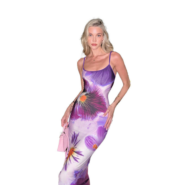 Dame trendy maxikjole med blomsterprint og smale spaghetti-stropper Skjora