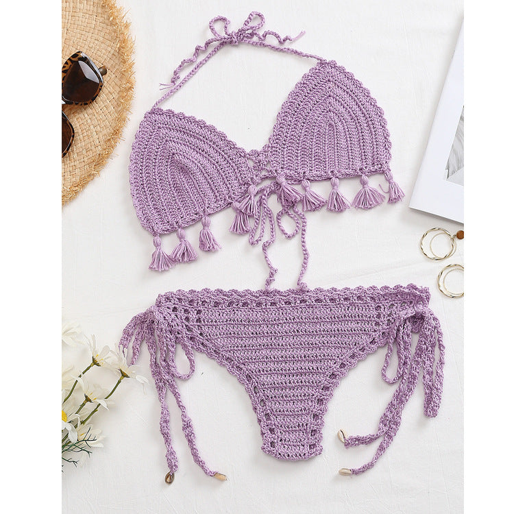 Damen Häkel-Bikini-Set mit fransigen Akzenten und verstellbaren Trägern Skjora