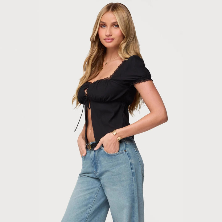 Damen Crop-Oberteil mit Spitzenbesatz und Schnürdetail Skjora
