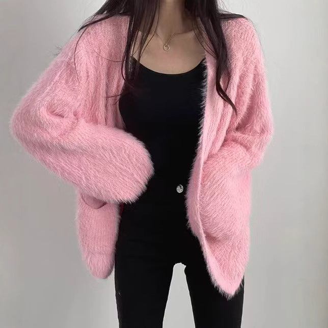Dame Fluffy Cardigan med Åpne Front og Praktiske Lommer Skjora