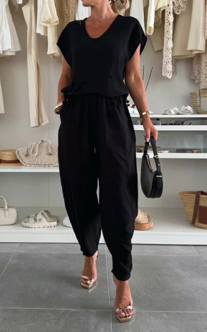 Dame Casual Jumpsuit med Elastisk Midjebånd og Lommer Skjora