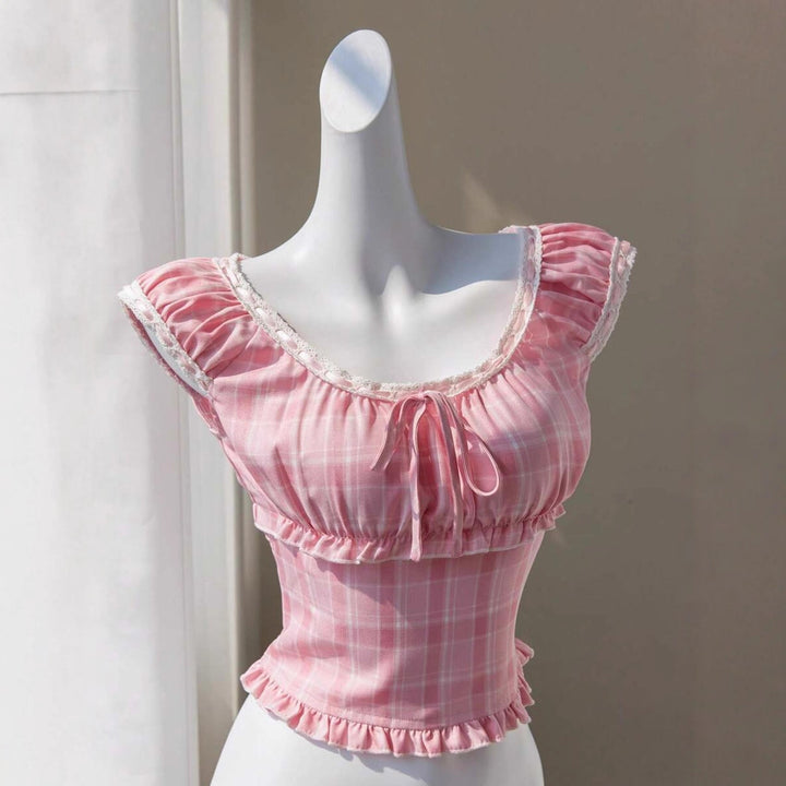 Dame lekenrutet Crop Top med volanger og snor Skjora