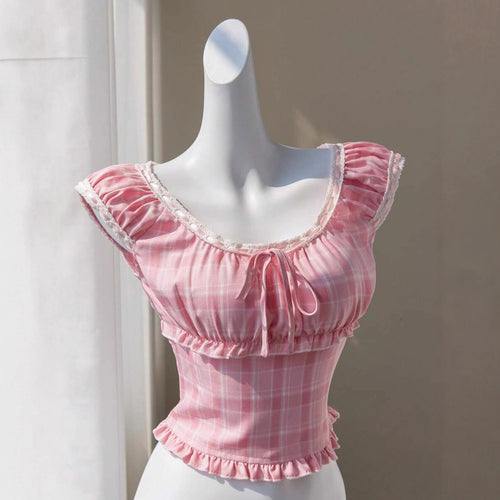 Dame lekenrutet Crop Top med volanger og snor Skjora