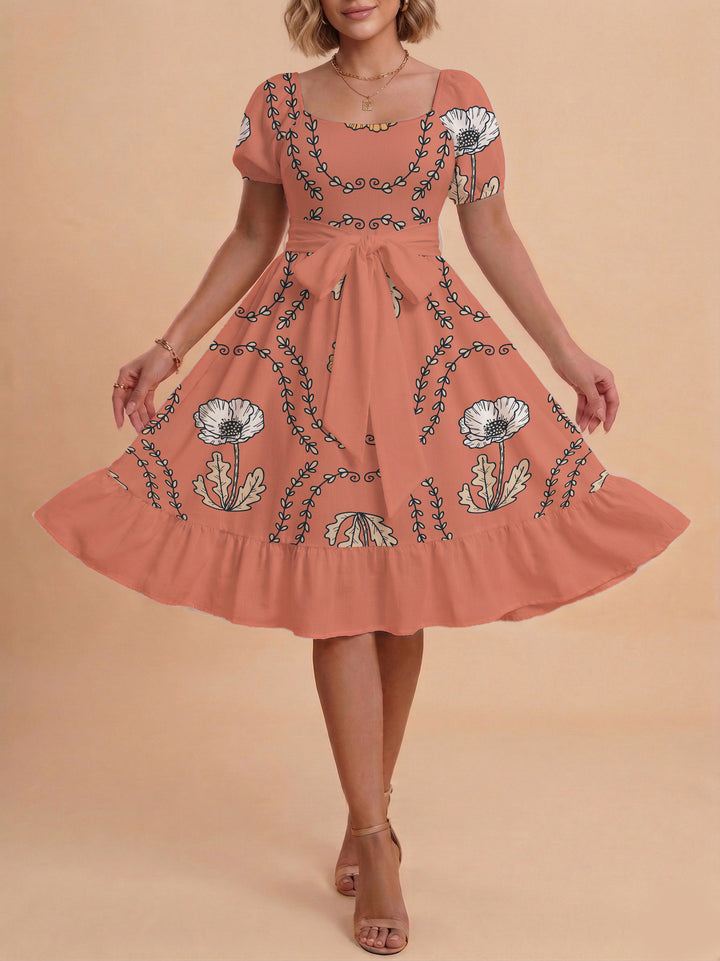 Damen modernes Blumenkleid mit elegantem Taillengürtel und asymmetrischem Saum Skjora