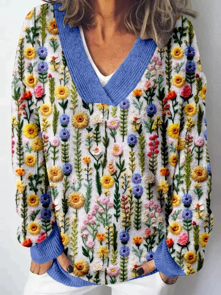 Dame V-hals genser med blomstermønster og avslappet passform Skjora