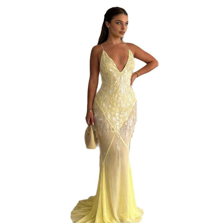 Women's Elegant Evening Dress with Sparkling Details and Asymmetrical Skirt