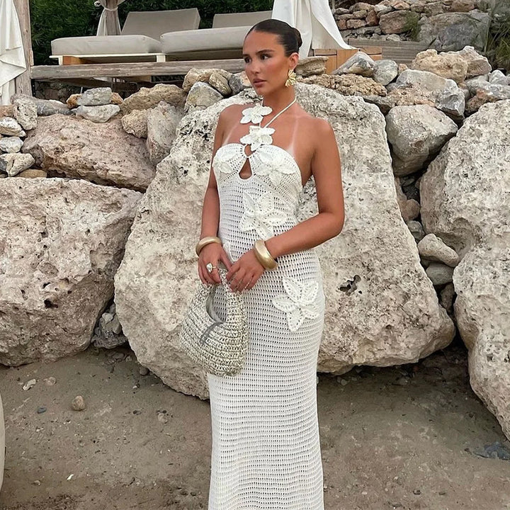 Damen Häkel-Maxikleid mit floralem Ausschnitt Skjora