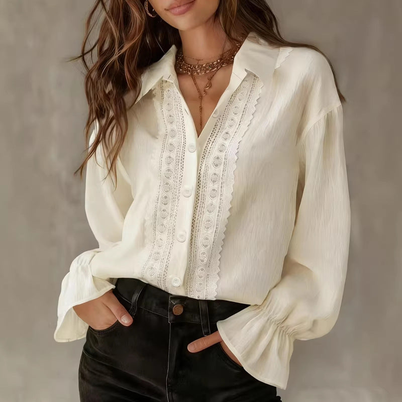 Damer elegant Bluse med spissdetaljer og ballongermer Skjora
