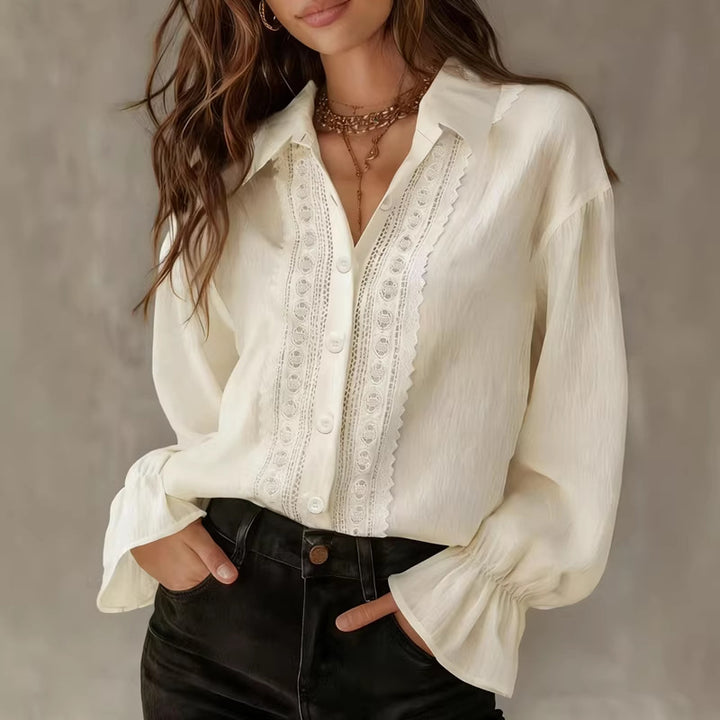 Damer elegant Bluse med spissdetaljer og ballongermer Skjora