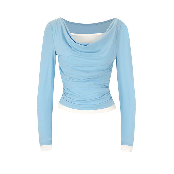 Dame figurtilpasset longsleeve med elegant rynkeeffekt og dyp utringning Skjora