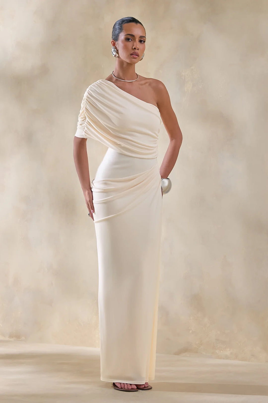 Damer Elegant Langerm Minikjole med flytende Drapé og asymmetrisk Design Skjora