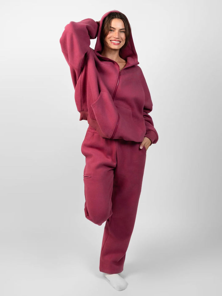 Kvinnenes casual fleece hettegenser og joggebukse-sett med glidelås og praktiske lommer
