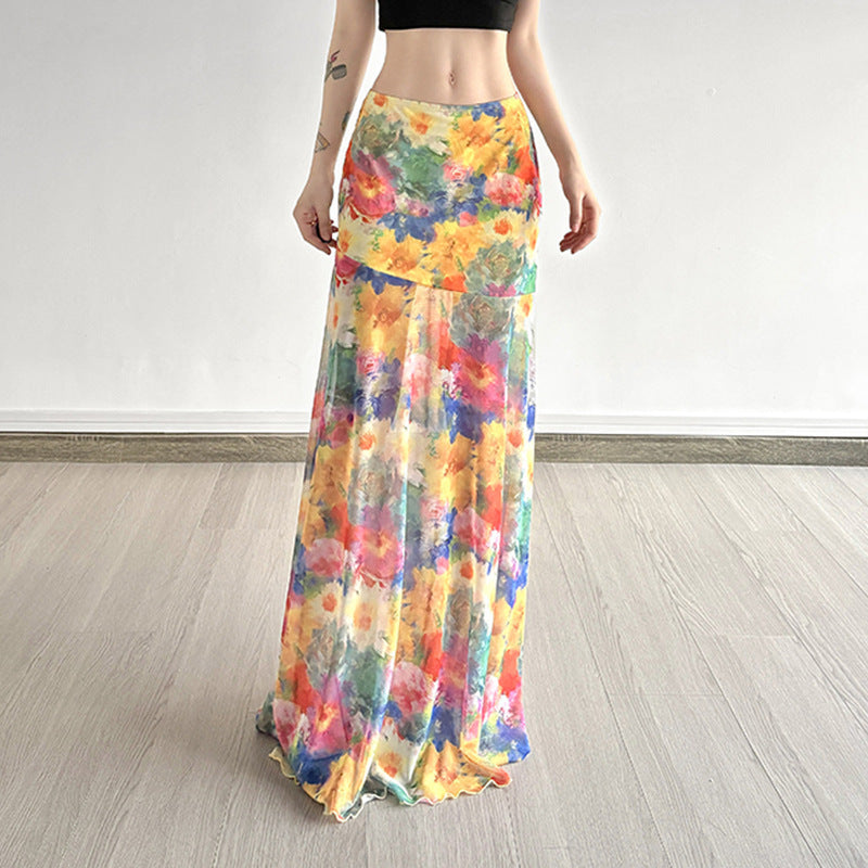 Dame Maxi-skjørt med blomstret chiffon-design og svingende falm Skjora