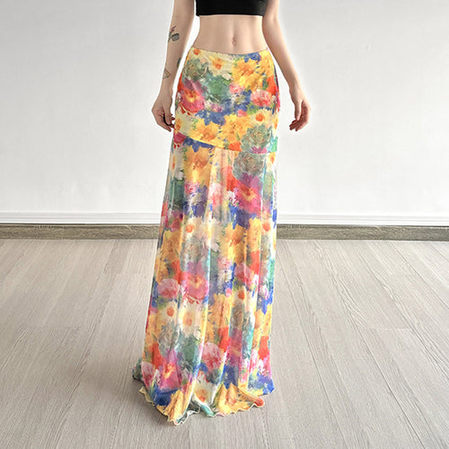 Dame Maxi-skjørt med blomstret chiffon-design og svingende falm Skjora