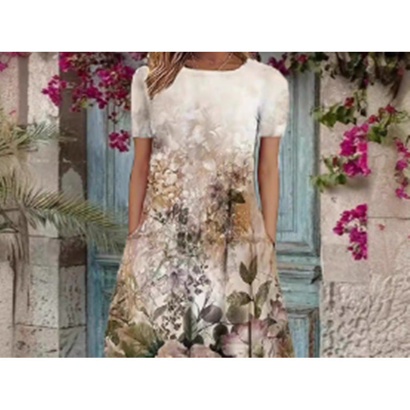 Dame Elegant Maxikjole med blomstermønster og delikat rund hals Skjora