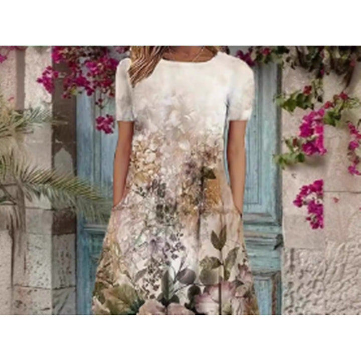 Dame Elegant Maxikjole med blomstermønster og delikat rund hals Skjora