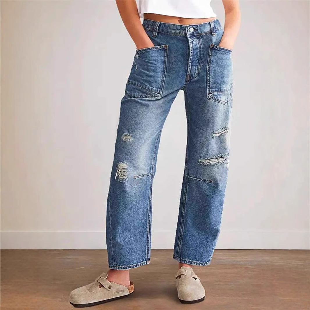 Kvinne brede jeans med kreative lommer og ødelagte detaljer Skjora