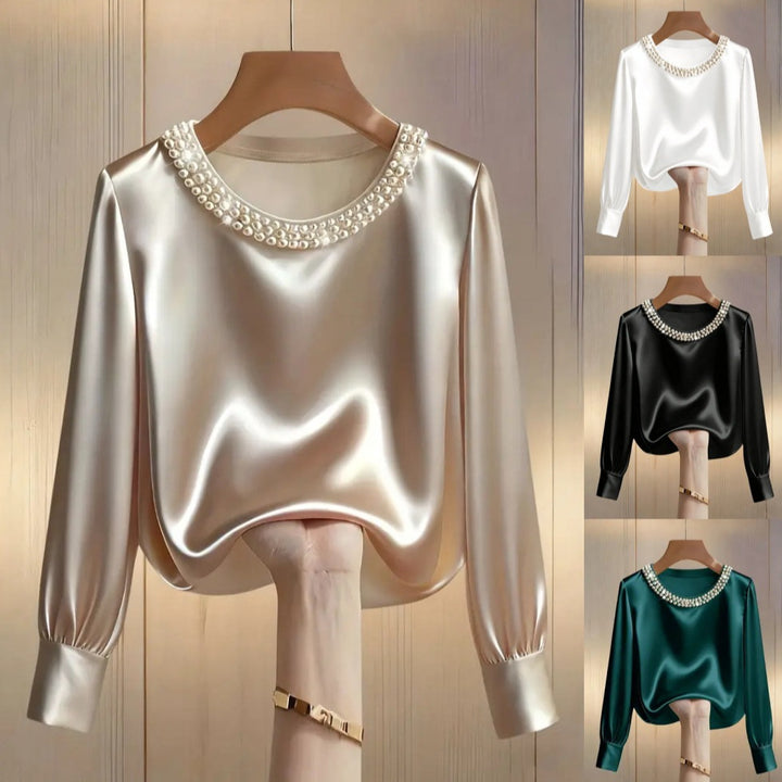 Dame elegant satenglosse bluse med perlekra Whisper