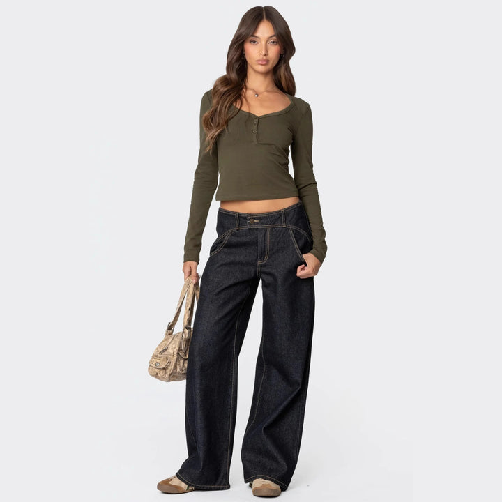 Damen Cropped Langarmhemd mit Knopfleiste und weichem Stoff Skjora