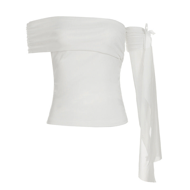 Dame Off-Shoulder topp med volangdetaljer og gjennomsiktig erme Skjora